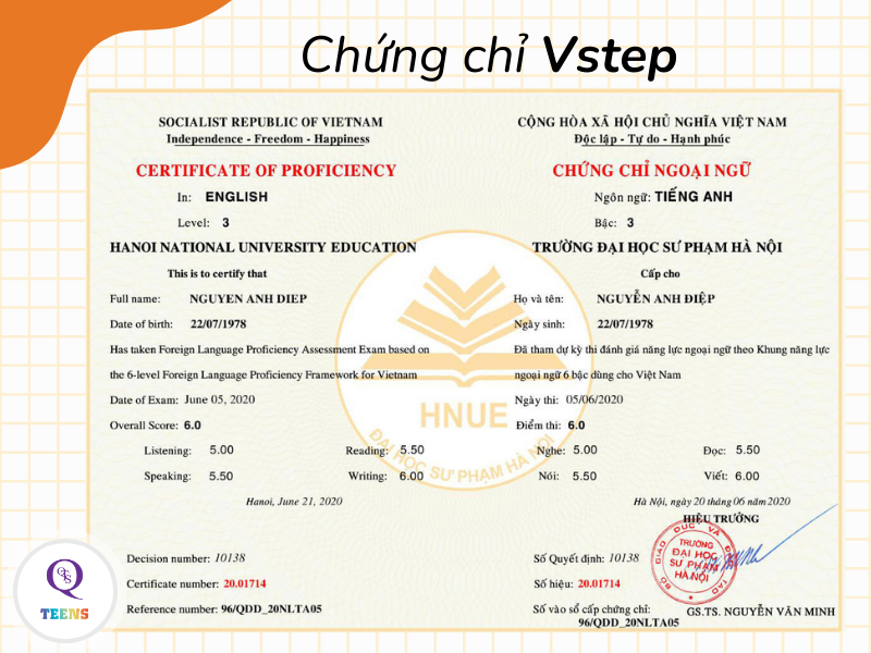 Chứng chỉ tiếng Anh KNLNN 6 bậc Vstep